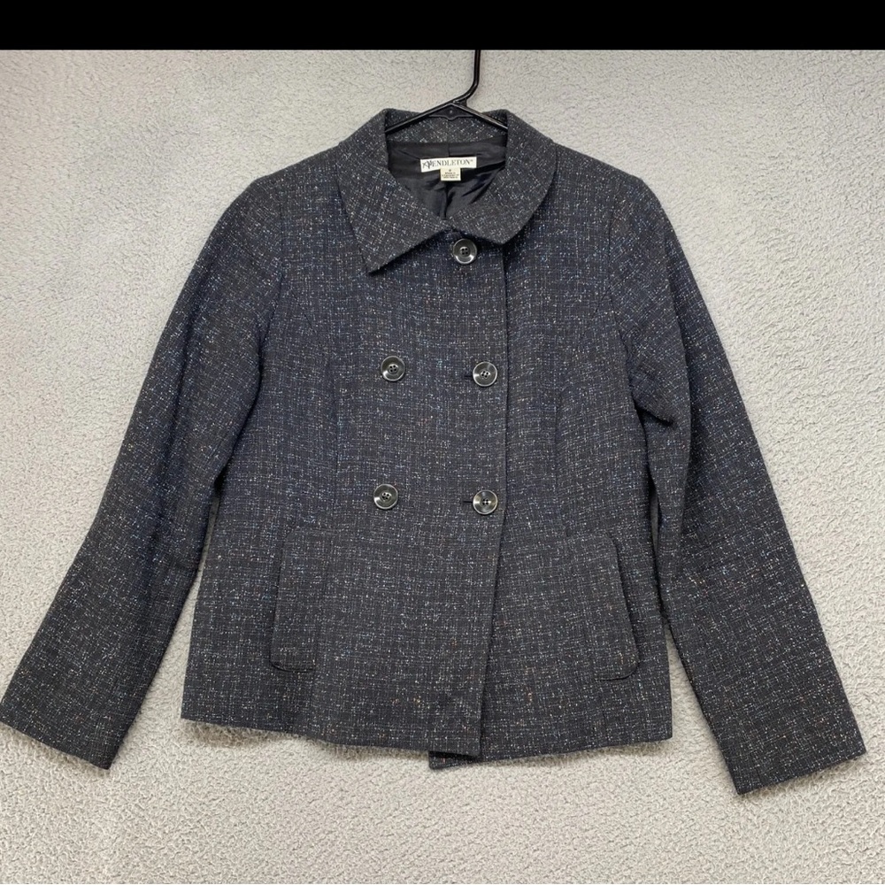 Pendleton Jacket Womens Wool Silk Speckled Charcoal Coloful Peacoat Blazer